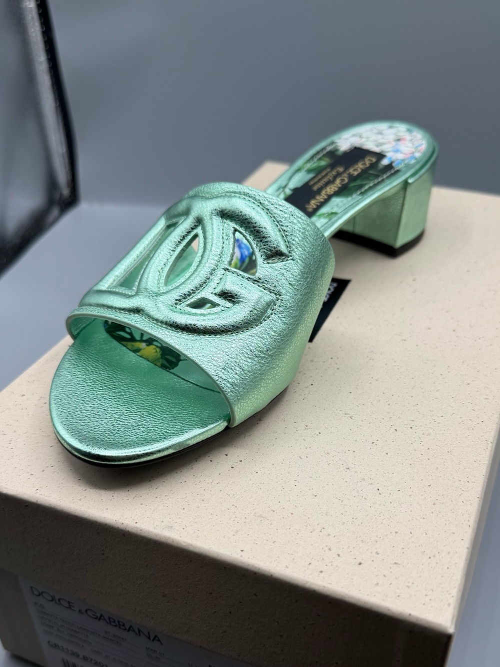 Dolce & Gabbana Metallic Mint Green Leather Slide Mule